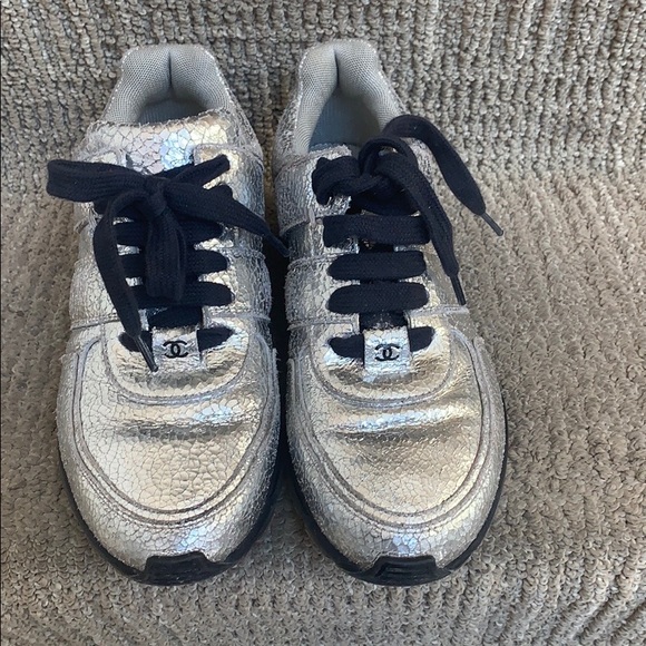 CHANEL Shoes - Chanel silver metallic cracked leather sneakers
